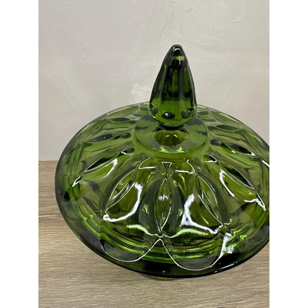 Vintage Anchor Hocking Fairfield Avocado Green Thumbprint Covered Candy Dish MCM